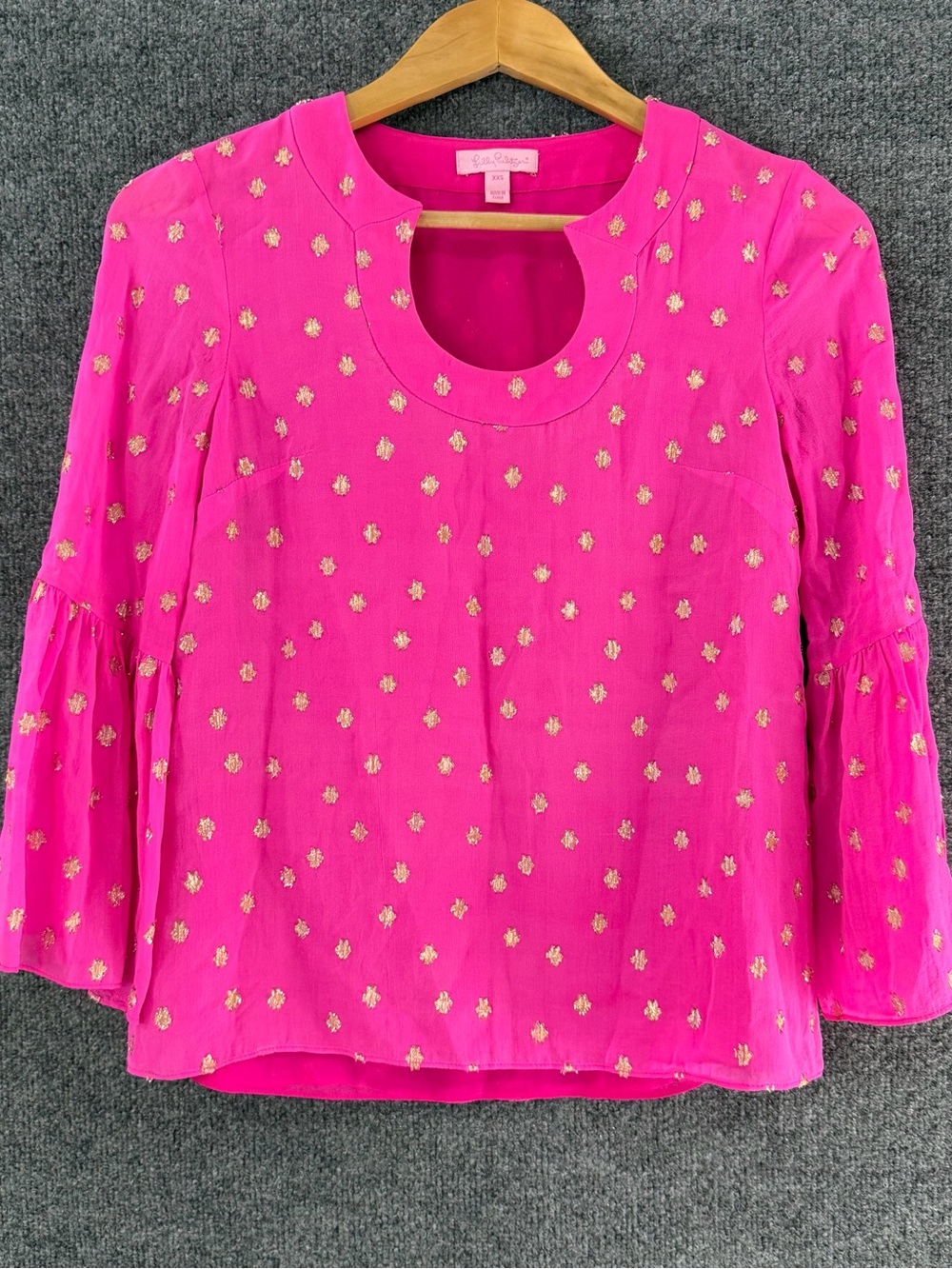 Lilly Pulitzer Womens Amory Top Size XXS Pink Gold 3/4 Bell Sleeve Vacation